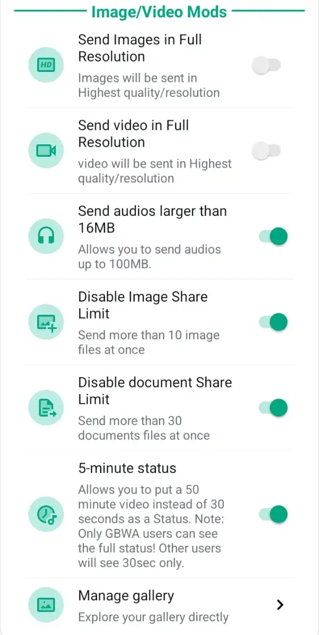 FMWhatsApp media sharing settings